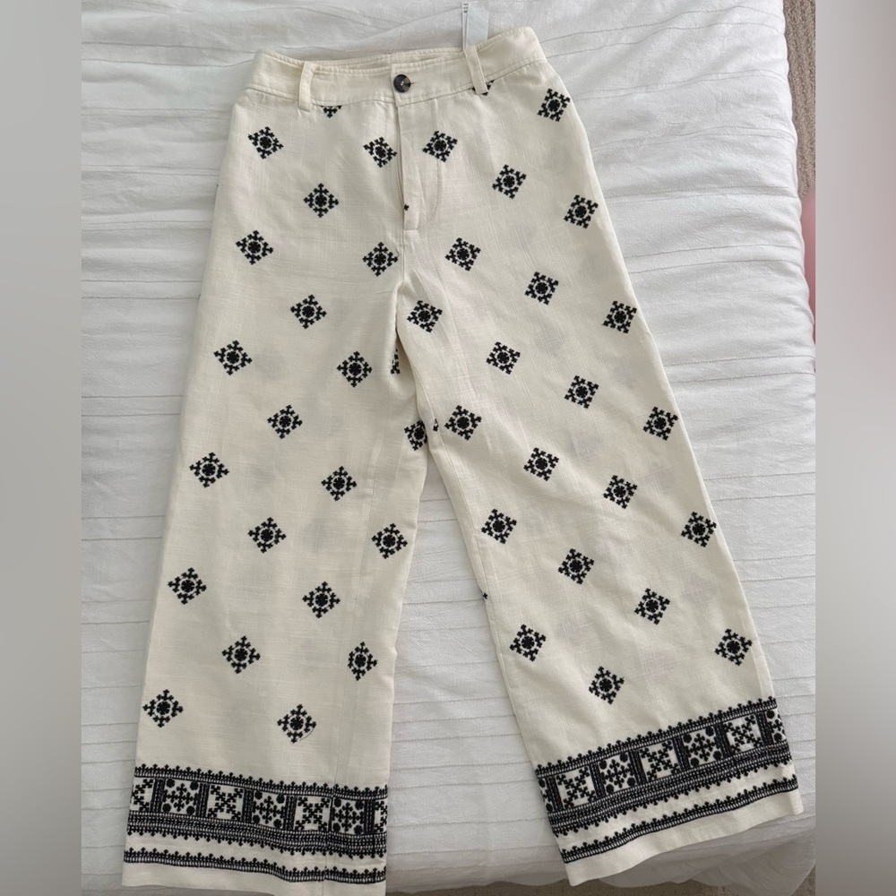 Zara Embroidered Cream and Black Wide-Leg Pants